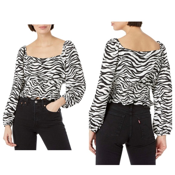 BCBGENERATION | smock waist long puff sleeve crop top in zebra print, size large - Picture 4 of 15